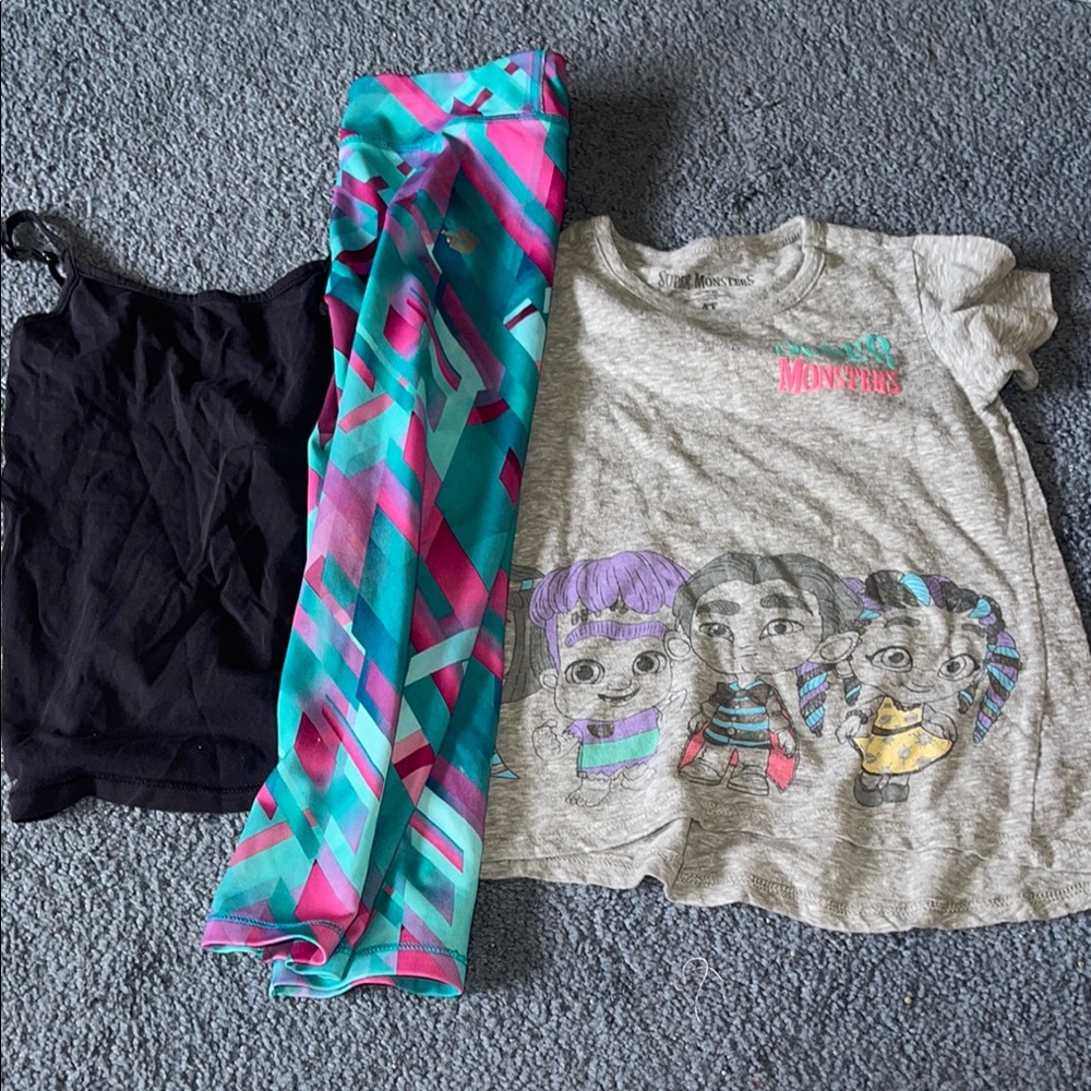 3 piece 4T girls lot. Colorful Geometric Leggings and Graphic Tee and black tank